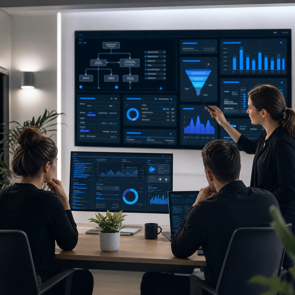 The Peak Foundry team reviewing dashboards, CRM, and revenue ops